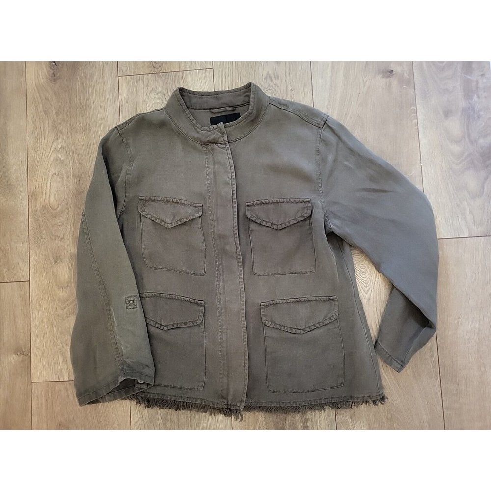 Sanctuary Fringed Linen Blend Lightweight Jacket Olive Green Small Petite